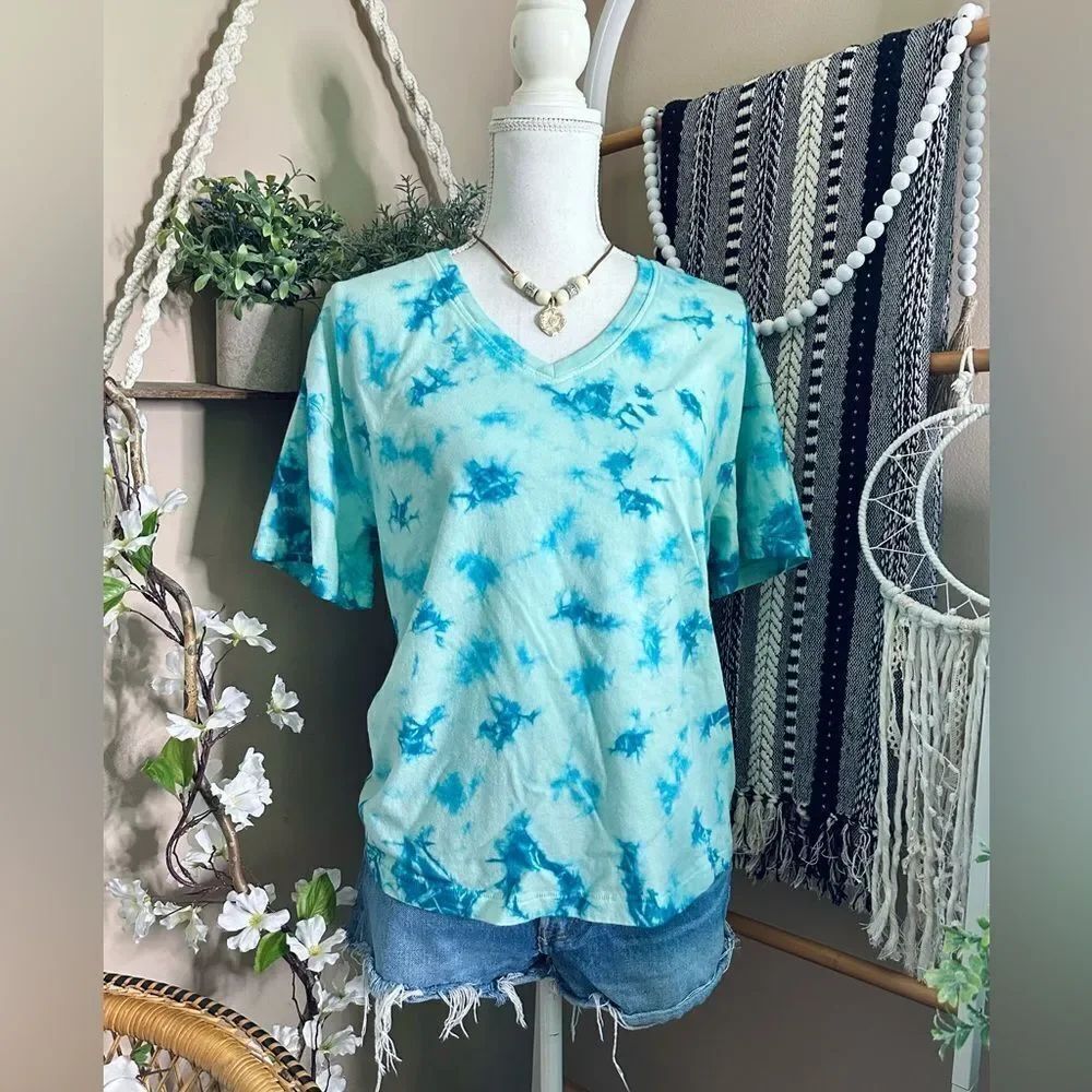 Natural Reflections Blue Tie Dye Oversized Short Sleeve V Neck T Shirt